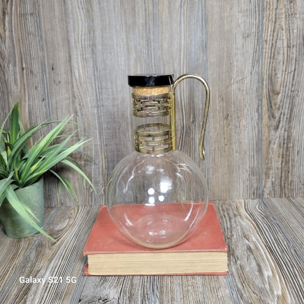 Vintage Pyrex Glass Coffee Carafe Mid Century Modern Greek Key Gold Beverage Pot
